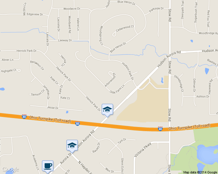 map of restaurants, bars, coffee shops, grocery stores, and more near 2355 Olde Farm Lane in Hudson