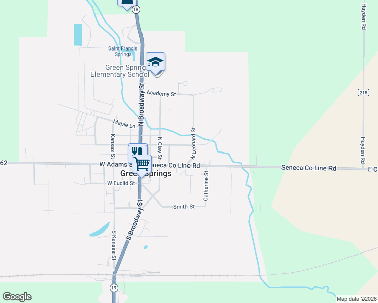 map of restaurants, bars, coffee shops, grocery stores, and more near 104 North Leonard Street in Green Springs