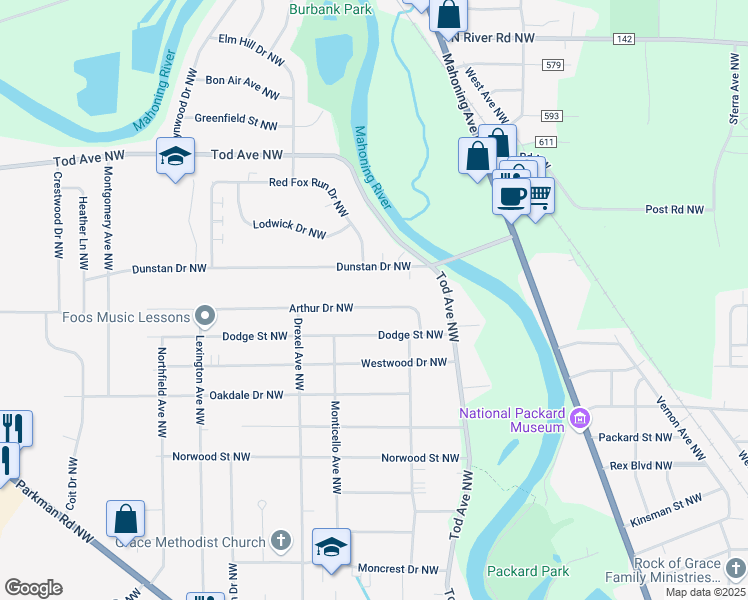 map of restaurants, bars, coffee shops, grocery stores, and more near 1378 Arthur Drive Northwest in Warren