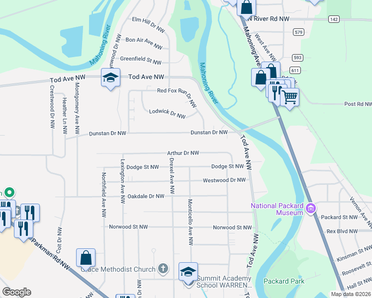 map of restaurants, bars, coffee shops, grocery stores, and more near 1462 Arthur Drive Northwest in Warren