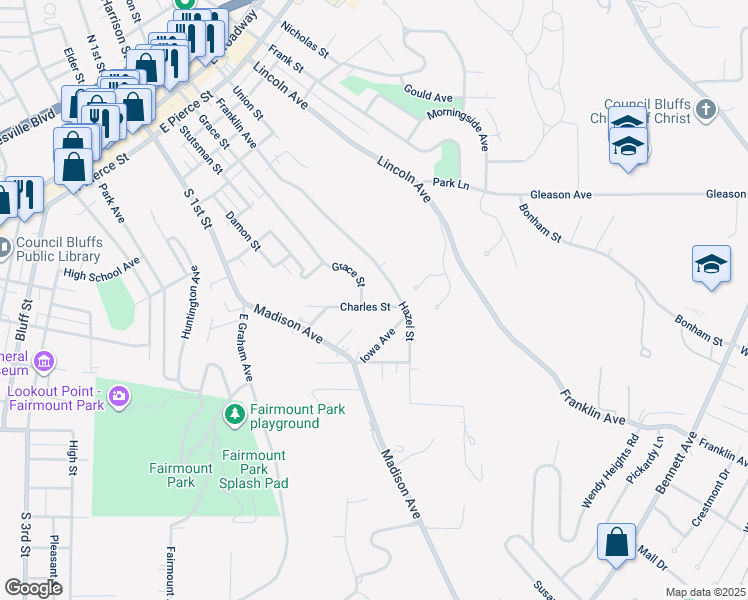 map of restaurants, bars, coffee shops, grocery stores, and more near 114 Charles Street in Council Bluffs