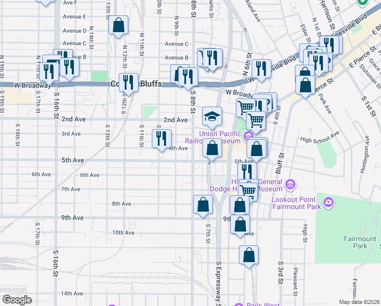 map of restaurants, bars, coffee shops, grocery stores, and more near 410 South 8th Street in Council Bluffs