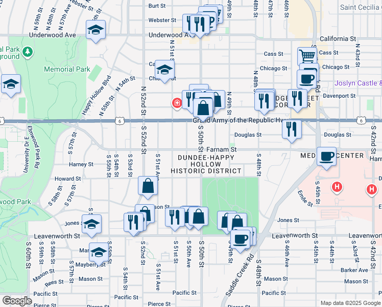 map of restaurants, bars, coffee shops, grocery stores, and more near 303 South 50th Avenue in Omaha