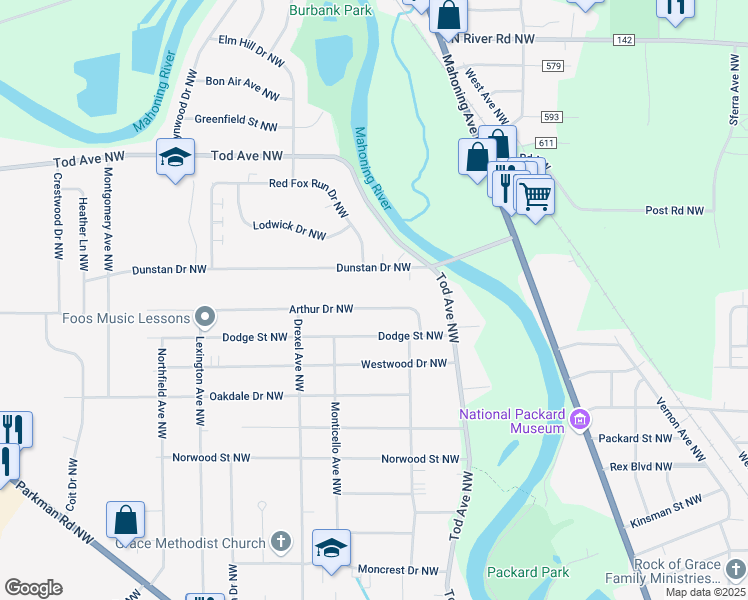 map of restaurants, bars, coffee shops, grocery stores, and more near 1378 Arthur Drive Northwest in Warren