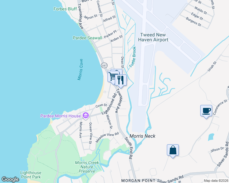 map of restaurants, bars, coffee shops, grocery stores, and more near 53 Morris Cove Road in New Haven