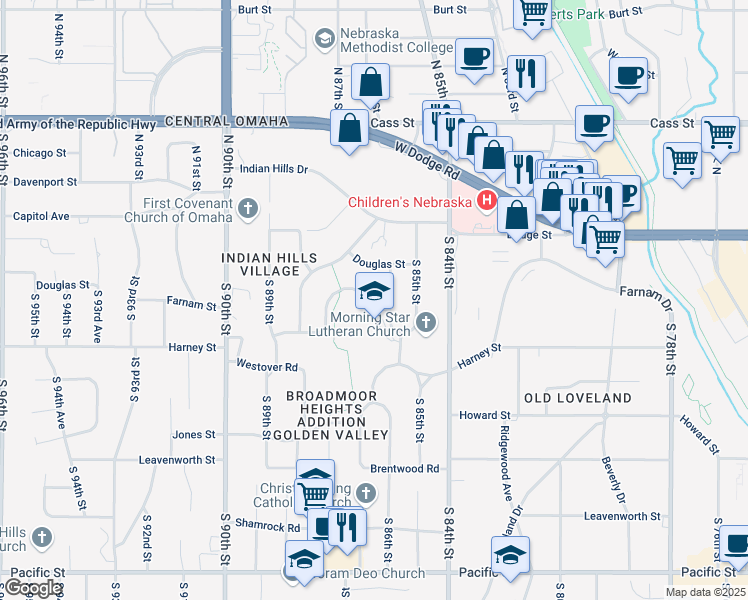 map of restaurants, bars, coffee shops, grocery stores, and more near 8614 Harney Street in Omaha