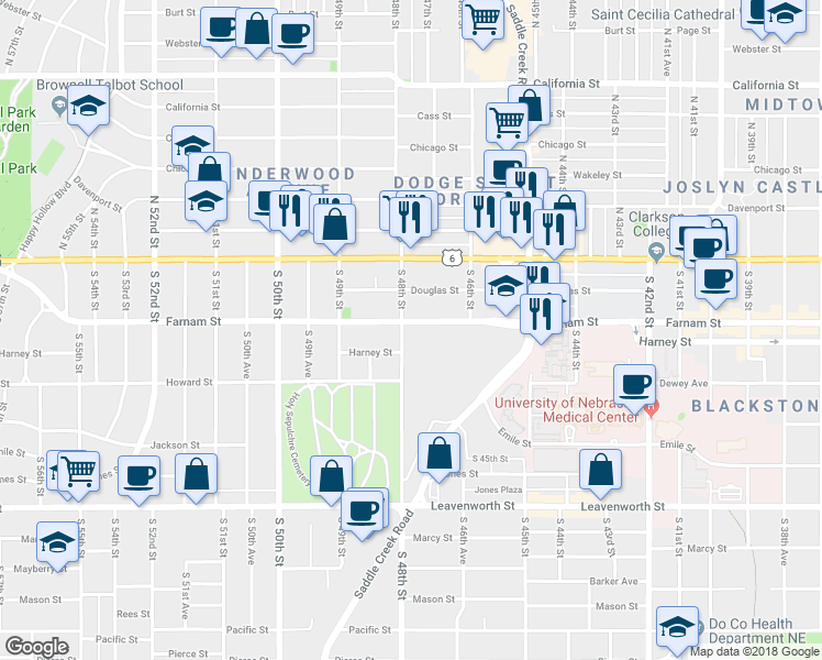 map of restaurants, bars, coffee shops, grocery stores, and more near 4649 Farnam Street in Omaha