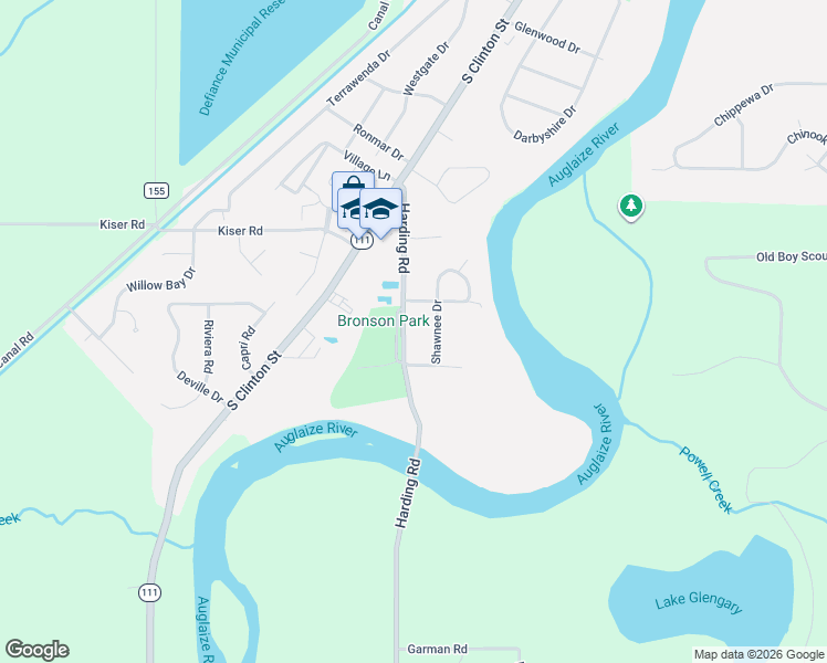 map of restaurants, bars, coffee shops, grocery stores, and more near 2113 Harding Road in Defiance