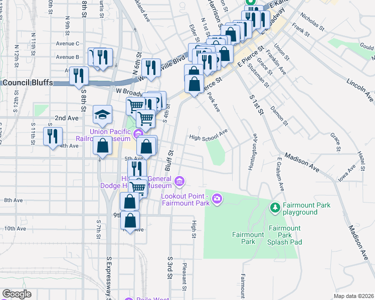 map of restaurants, bars, coffee shops, grocery stores, and more near 201 South 3rd Street in Council Bluffs