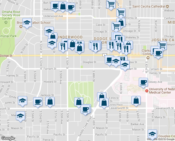 map of restaurants, bars, coffee shops, grocery stores, and more near 4821 Farnam St in Omaha