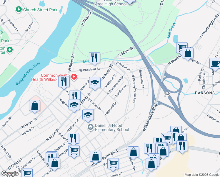 map of restaurants, bars, coffee shops, grocery stores, and more near 32 East Elm Street in Wilkes-Barre
