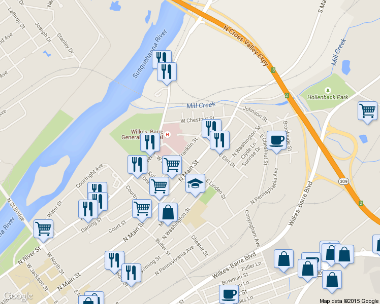 map of restaurants, bars, coffee shops, grocery stores, and more near 588 North Main Street in Wilkes-Barre