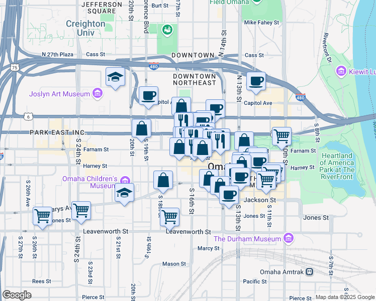 map of restaurants, bars, coffee shops, grocery stores, and more near 1607 Farnam Street in Omaha