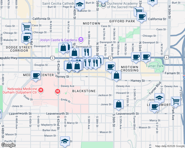 map of restaurants, bars, coffee shops, grocery stores, and more near 3817 Farnam Street in Omaha