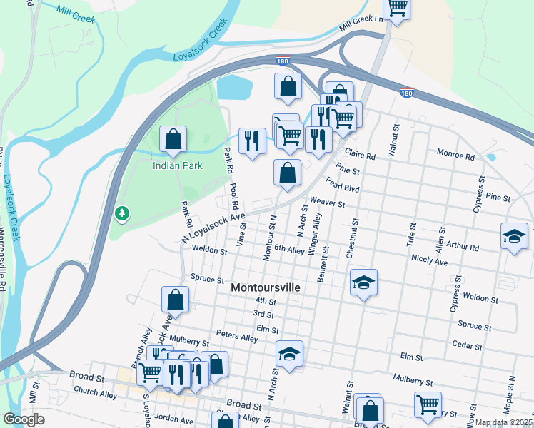 map of restaurants, bars, coffee shops, grocery stores, and more near 625 Montour Street North in Montoursville