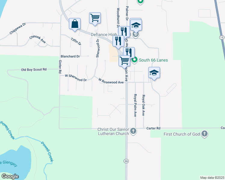 map of restaurants, bars, coffee shops, grocery stores, and more near 30 Castle Court in Defiance