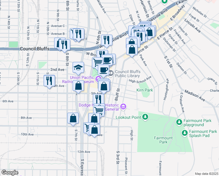 map of restaurants, bars, coffee shops, grocery stores, and more near 216 South 4th Street in Council Bluffs