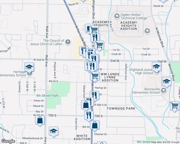 map of restaurants, bars, coffee shops, grocery stores, and more near 325 Washington Boulevard in Ogden