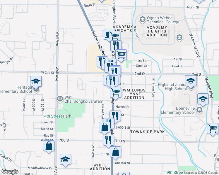 map of restaurants, bars, coffee shops, grocery stores, and more near 325 Washington Boulevard in Ogden