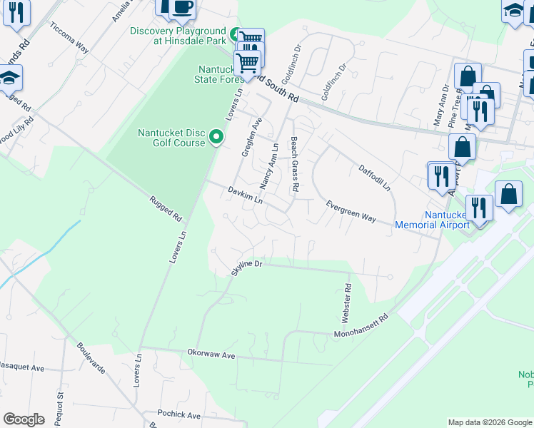 map of restaurants, bars, coffee shops, grocery stores, and more near 18 Davkim Lane in Nantucket