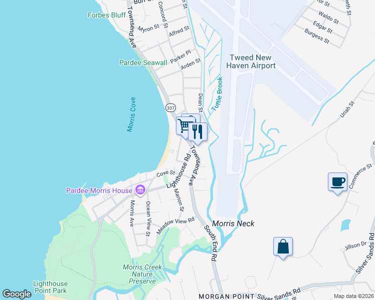 map of restaurants, bars, coffee shops, grocery stores, and more near 53 Morris Cove Road in New Haven