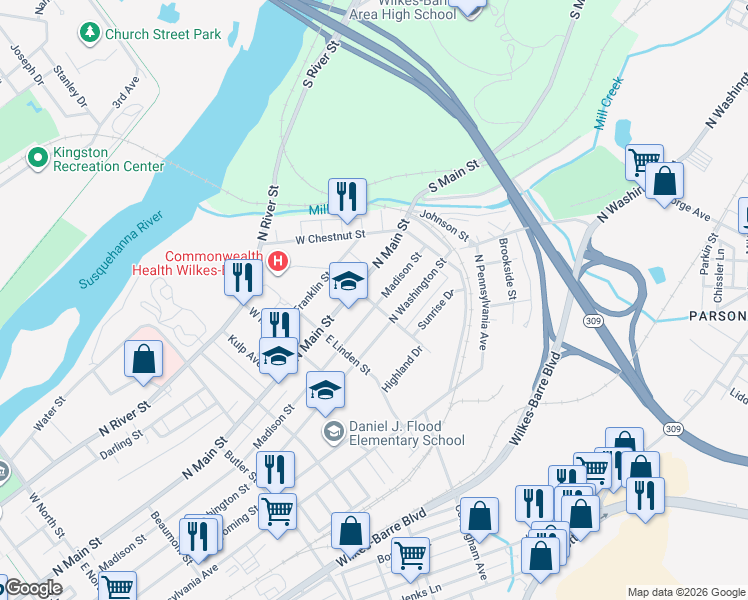map of restaurants, bars, coffee shops, grocery stores, and more near 32 East Elm Street in Wilkes-Barre