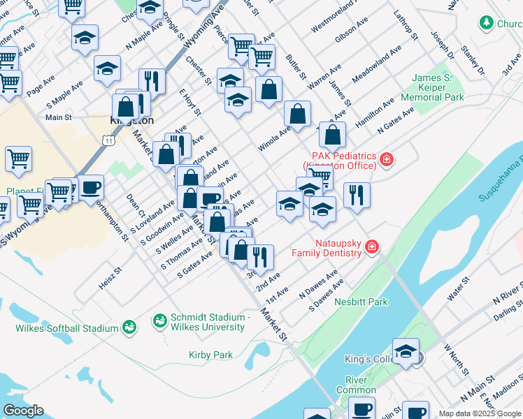 map of restaurants, bars, coffee shops, grocery stores, and more near 62 North Gates Avenue in Kingston
