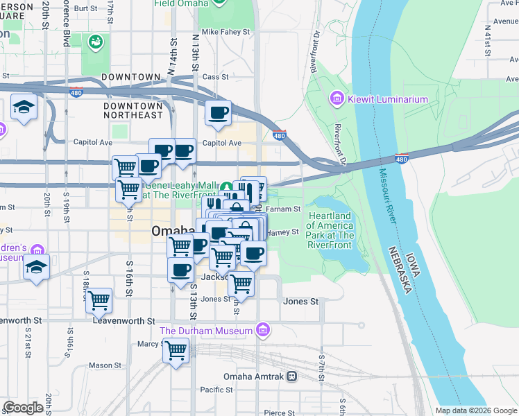 map of restaurants, bars, coffee shops, grocery stores, and more near 1001 Farnam Street in Omaha