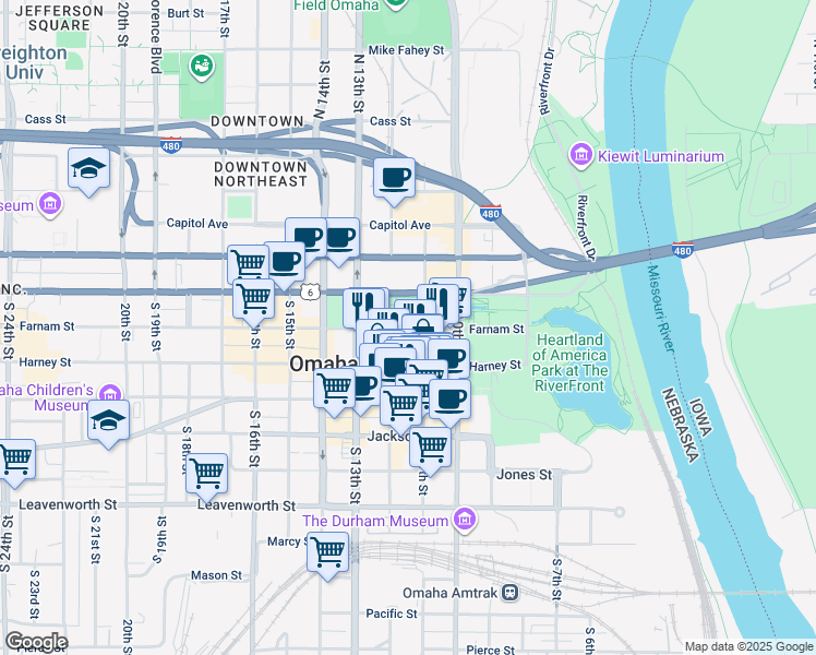 map of restaurants, bars, coffee shops, grocery stores, and more near in Omaha