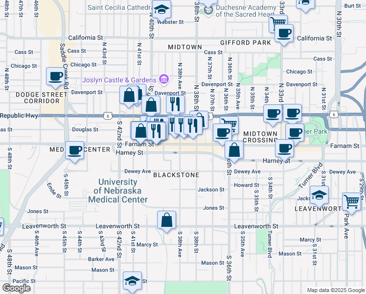 map of restaurants, bars, coffee shops, grocery stores, and more near 3817 Farnam Street in Omaha