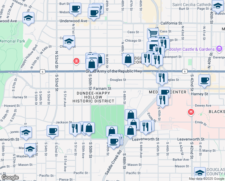 map of restaurants, bars, coffee shops, grocery stores, and more near 4821 Farnam Street in Omaha
