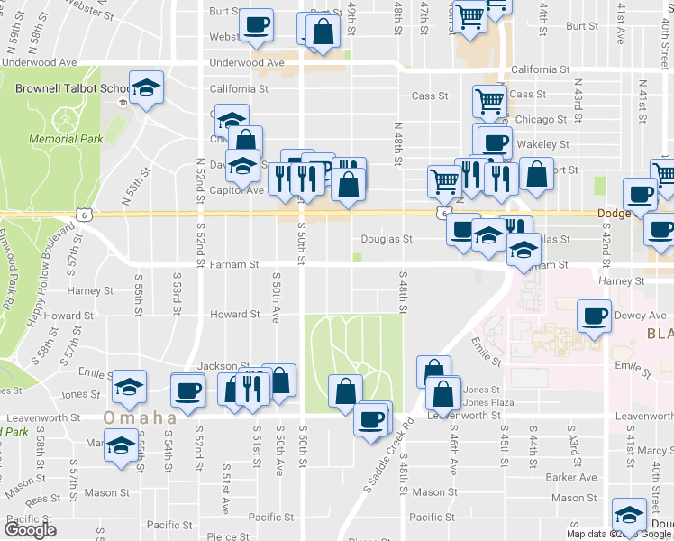 map of restaurants, bars, coffee shops, grocery stores, and more near 302 South 49th Street in Omaha