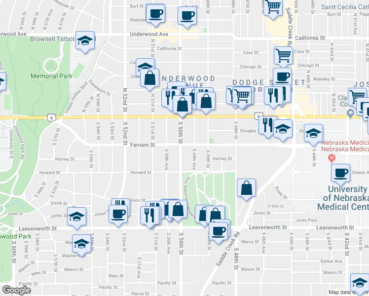 map of restaurants, bars, coffee shops, grocery stores, and more near in Omaha