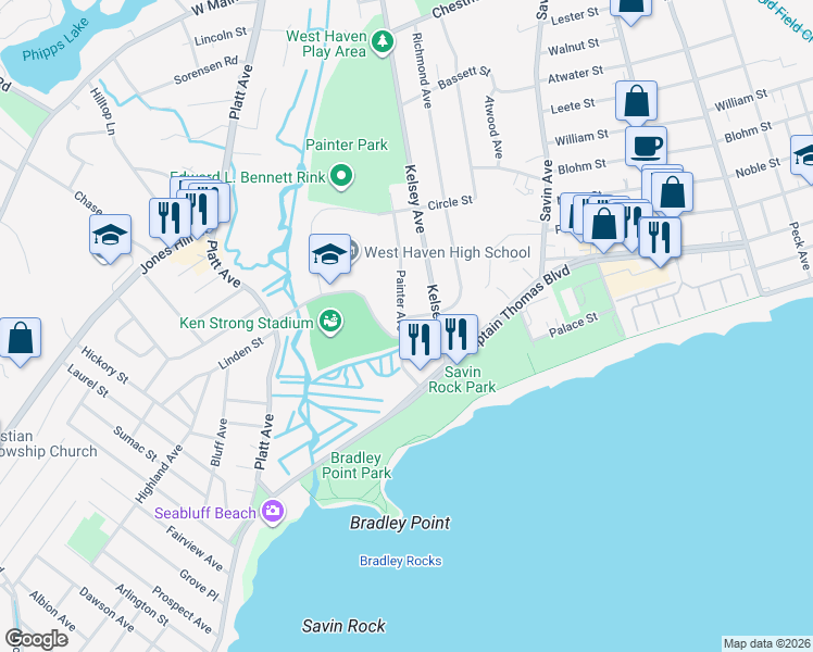 map of restaurants, bars, coffee shops, grocery stores, and more near 20 Kelsey Avenue in West Haven