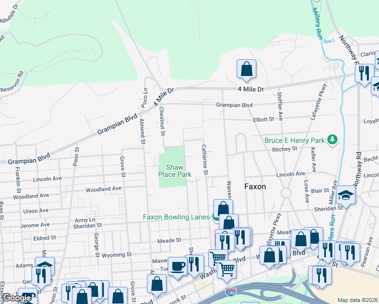 map of restaurants, bars, coffee shops, grocery stores, and more near 1344-1578 Sherman Street in Williamsport