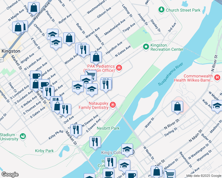 map of restaurants, bars, coffee shops, grocery stores, and more near 540 Pierce St in Kingston