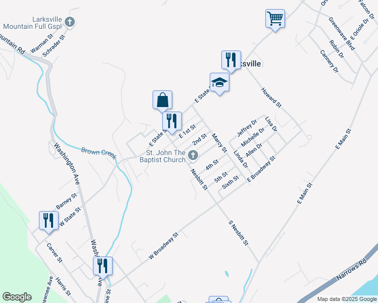 map of restaurants, bars, coffee shops, grocery stores, and more near 24-26 W 2nd St in Larksville