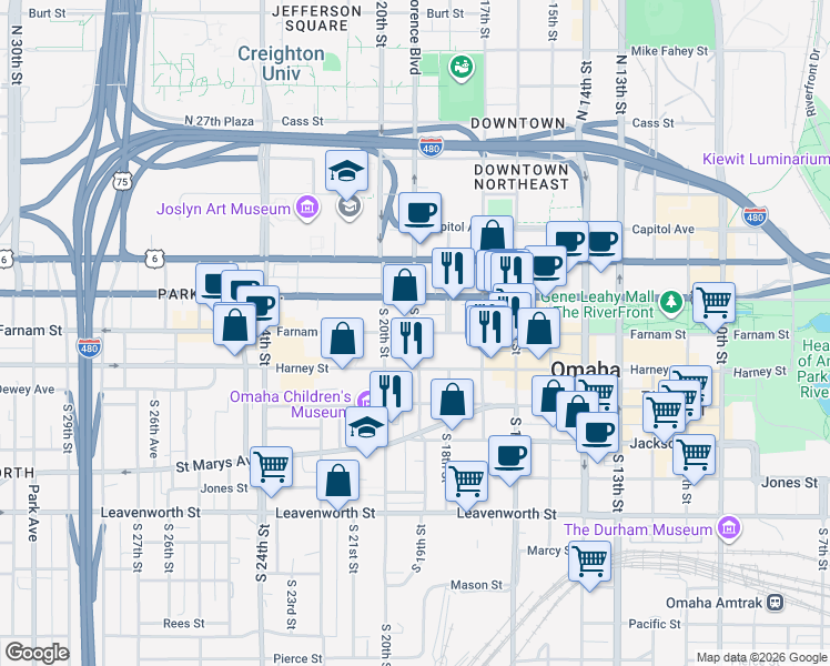 map of restaurants, bars, coffee shops, grocery stores, and more near Farnam St & S 19th St in Omaha