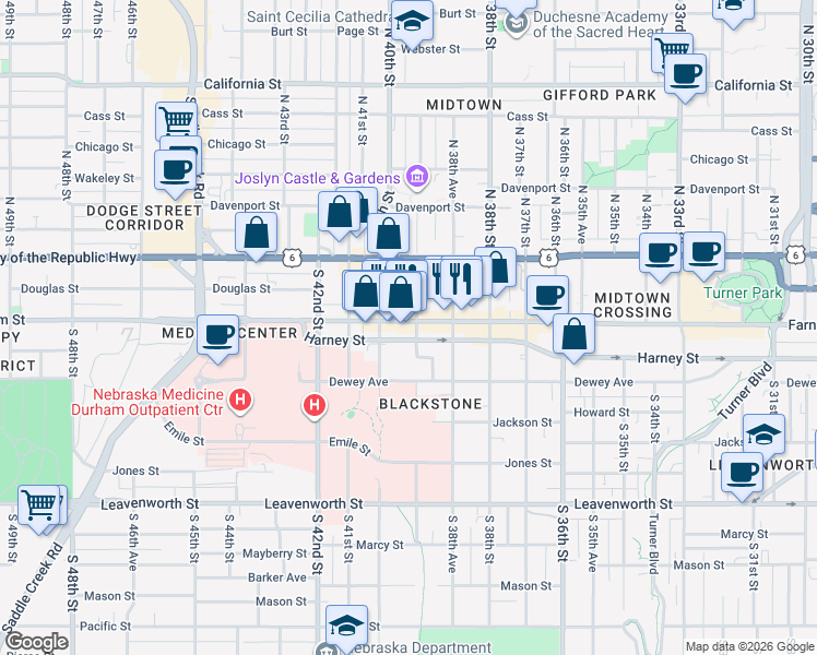 map of restaurants, bars, coffee shops, grocery stores, and more near 3901 Farnam Street in Omaha