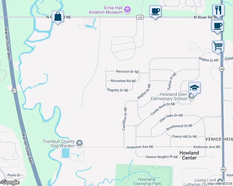map of restaurants, bars, coffee shops, grocery stores, and more near 7666 Pegotty Drive Northeast in Warren