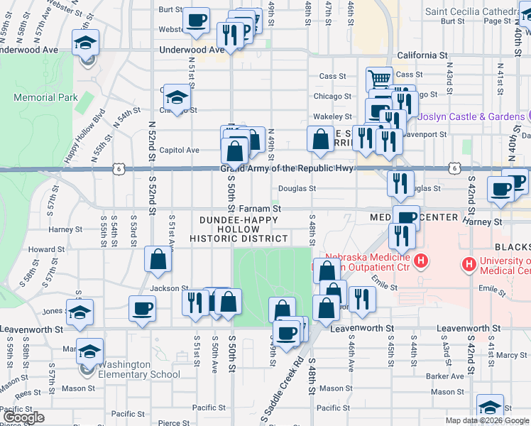 map of restaurants, bars, coffee shops, grocery stores, and more near 302 South 49th Street in Omaha