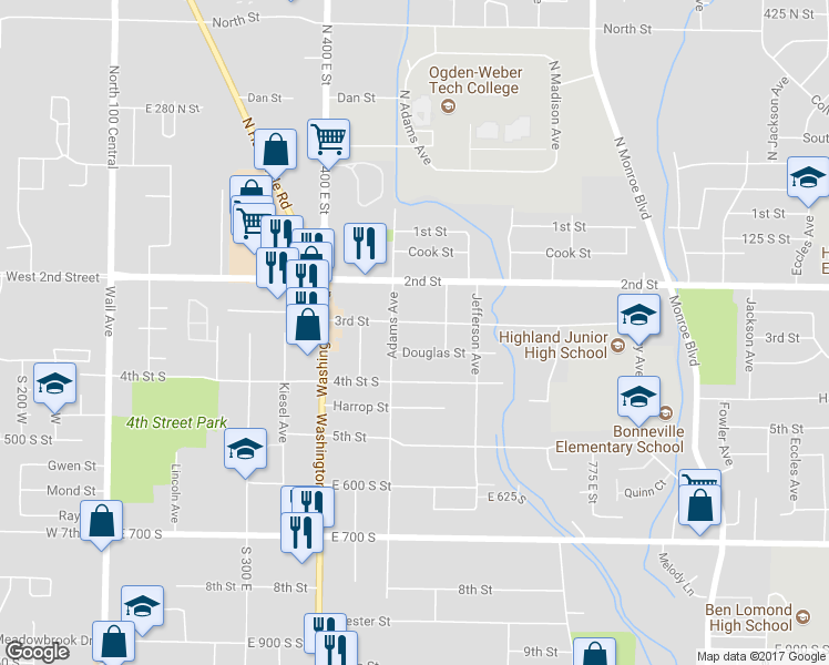 map of restaurants, bars, coffee shops, grocery stores, and more near 523 3rd Street in Ogden