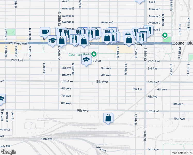 map of restaurants, bars, coffee shops, grocery stores, and more near 406 South 21st Street in Council Bluffs