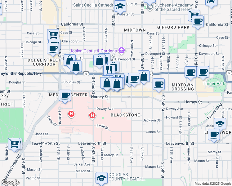 map of restaurants, bars, coffee shops, grocery stores, and more near 3915 Farnam Street in Omaha