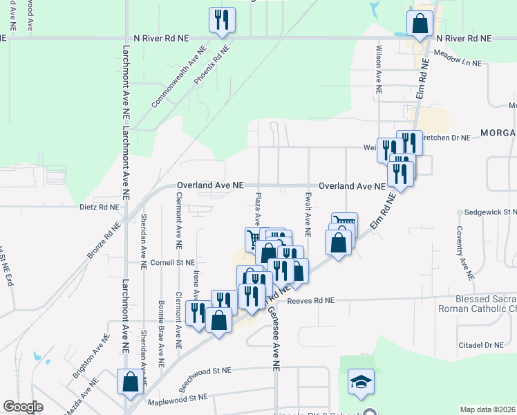 map of restaurants, bars, coffee shops, grocery stores, and more near 2099 Plaza Avenue Northeast in Warren
