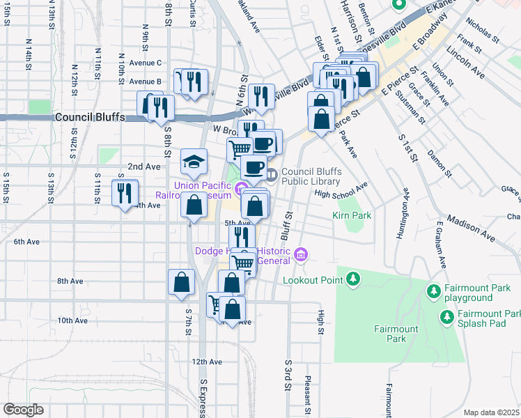 map of restaurants, bars, coffee shops, grocery stores, and more near 216 South 4th Street in Council Bluffs