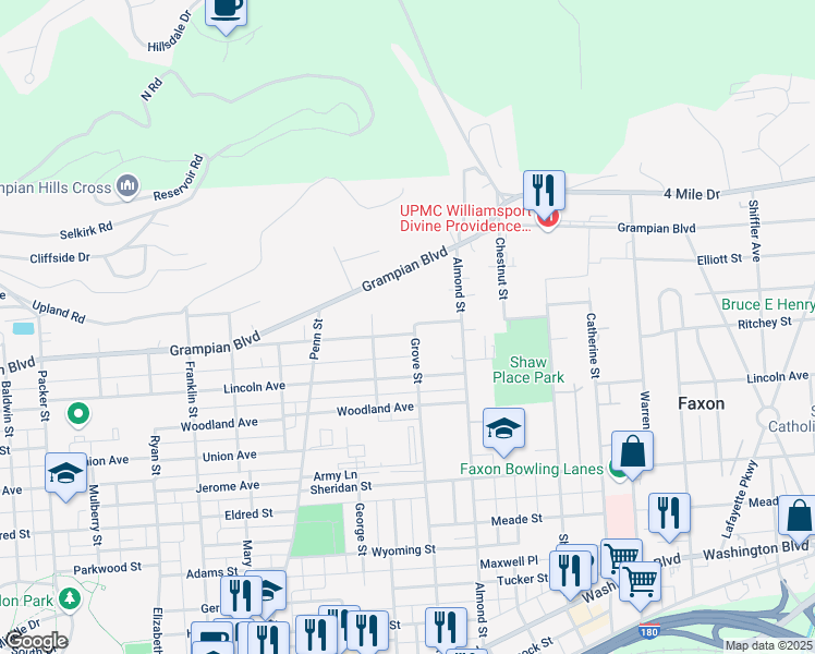 map of restaurants, bars, coffee shops, grocery stores, and more near 725 Harding Avenue in Williamsport