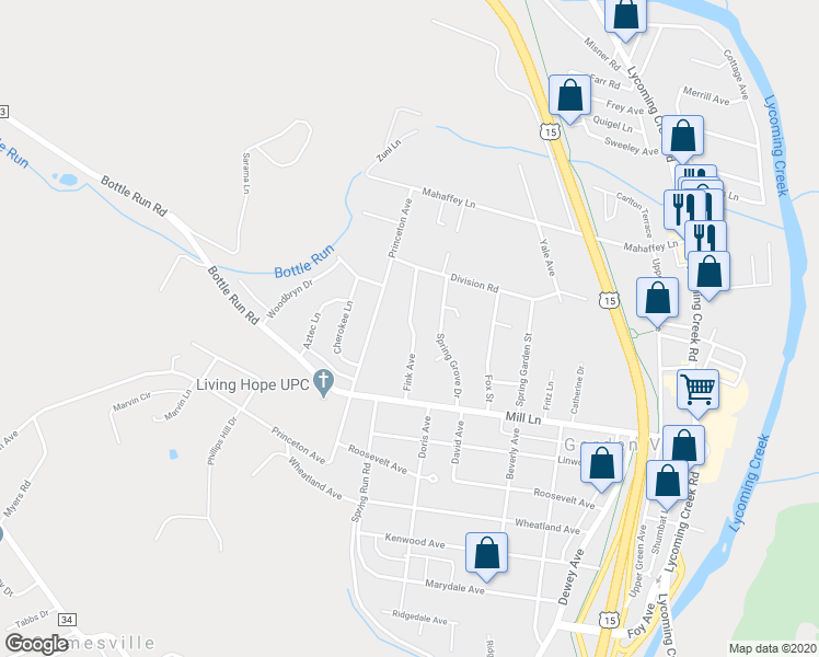 map of restaurants, bars, coffee shops, grocery stores, and more near 2251 Fink Avenue in Williamsport