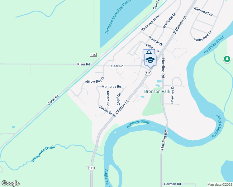 map of restaurants, bars, coffee shops, grocery stores, and more near 31 Capri Road in Defiance