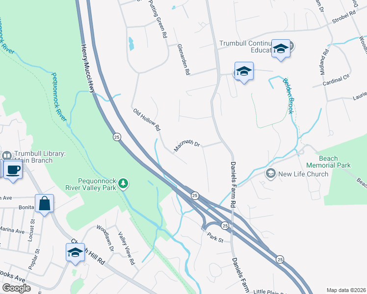 map of restaurants, bars, coffee shops, grocery stores, and more near 35 Macmath Drive in Trumbull
